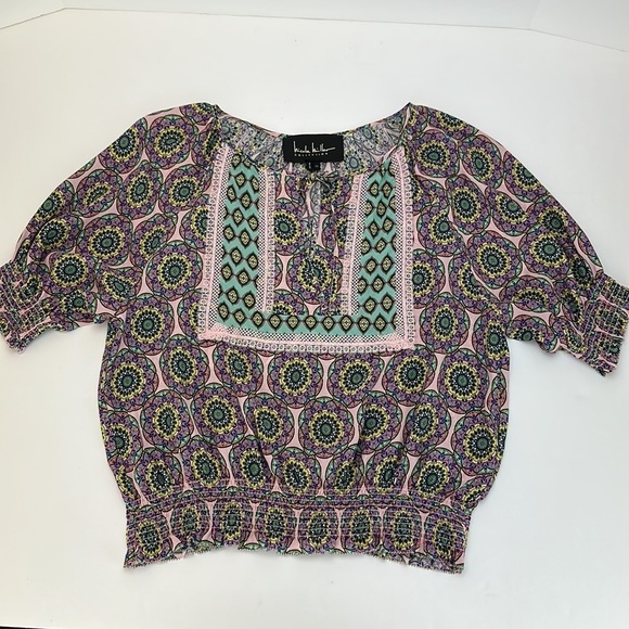 Nicole Miller Glassflower Silk Blend Peasant Top Blouse Medium Puff Slee… - Picture 3 of 16